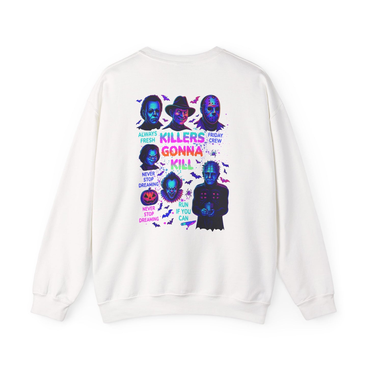 An white crewneck sweatshirt shown from the back, featuring a colorful graphic print of horror movie villains with text and spooky illustrations.