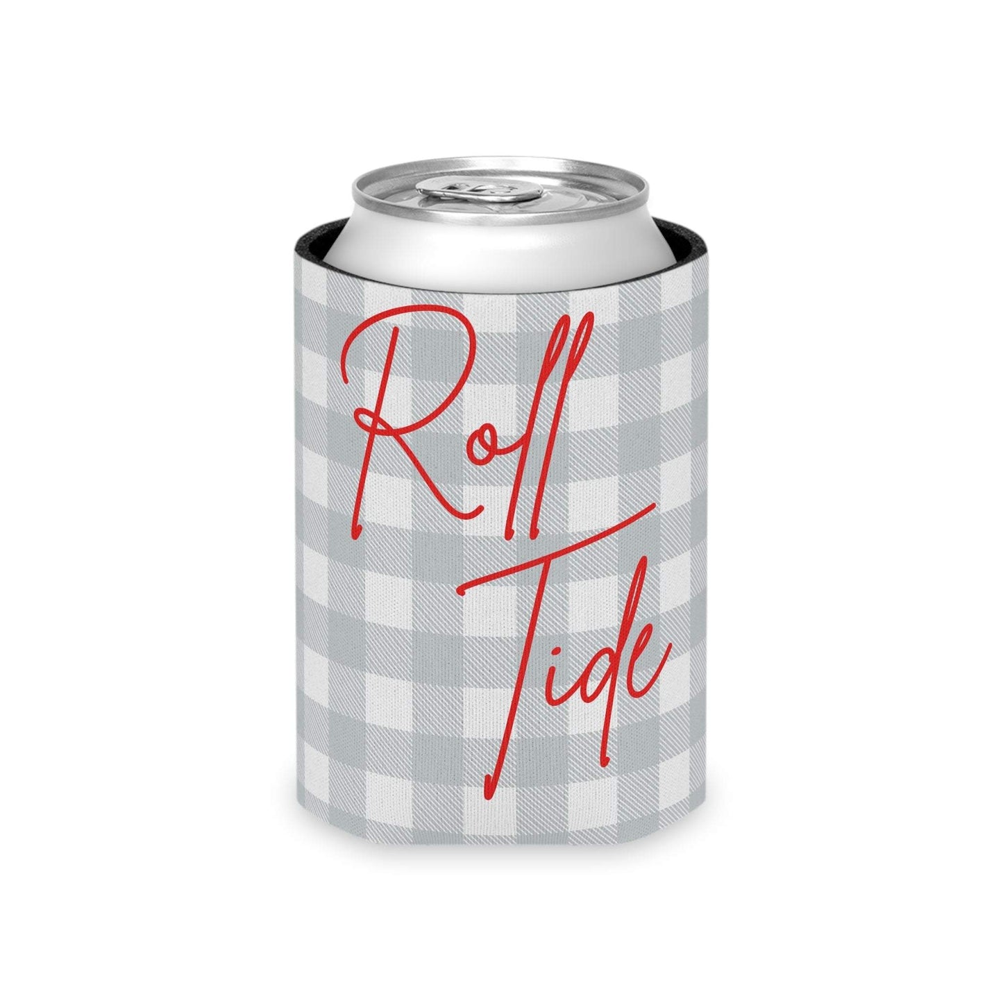 Gray plaid Roll Tide can cooler with red script on foam liner for tailgate use