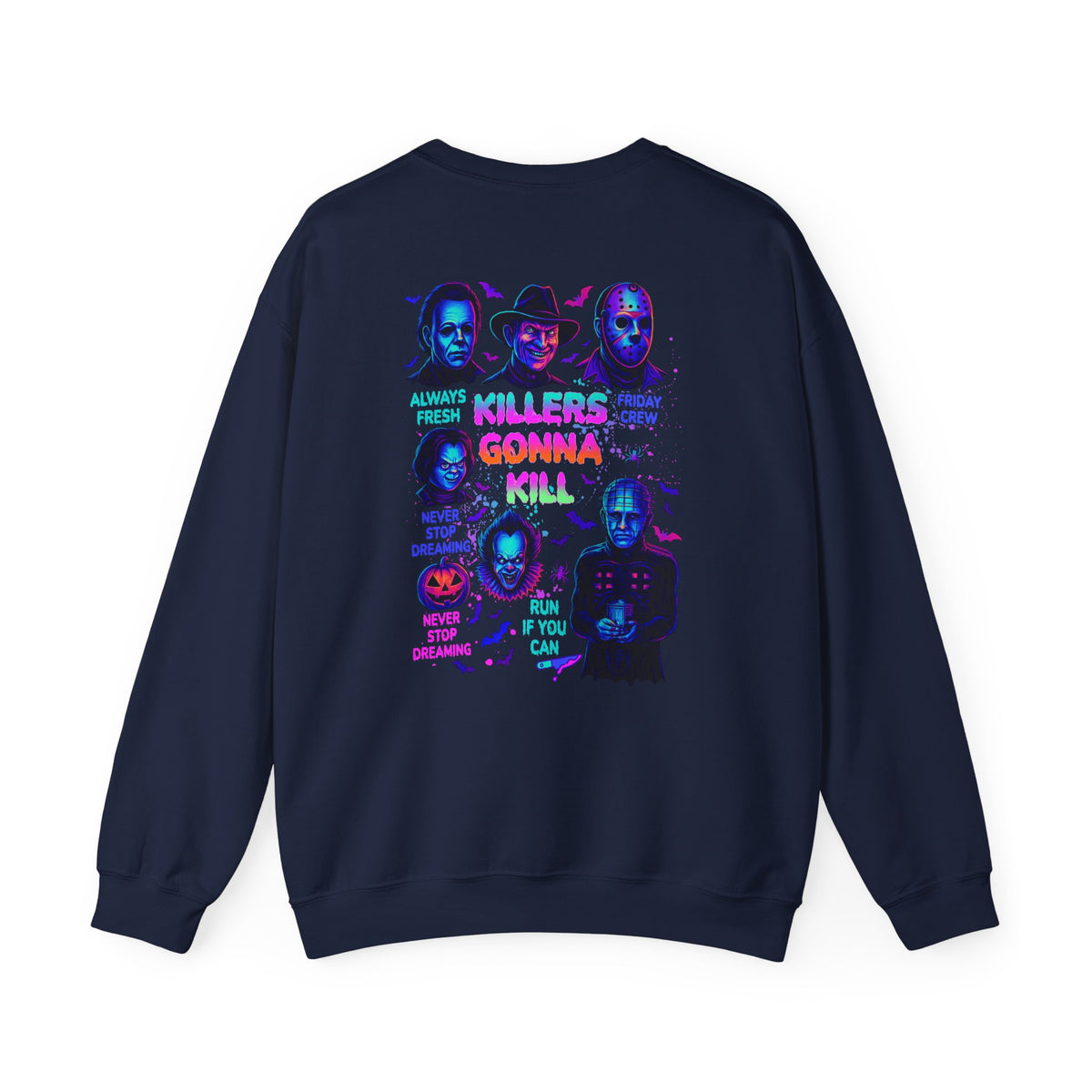 A navy blue crewneck sweatshirt shown from the back, featuring a colorful graphic print of iconic horror movie killers with neon purple, pink, and green text on a white background.