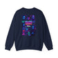 A navy blue crewneck sweatshirt shown from the back, featuring a colorful graphic print of iconic horror movie killers with neon purple, pink, and green text on a white background.
