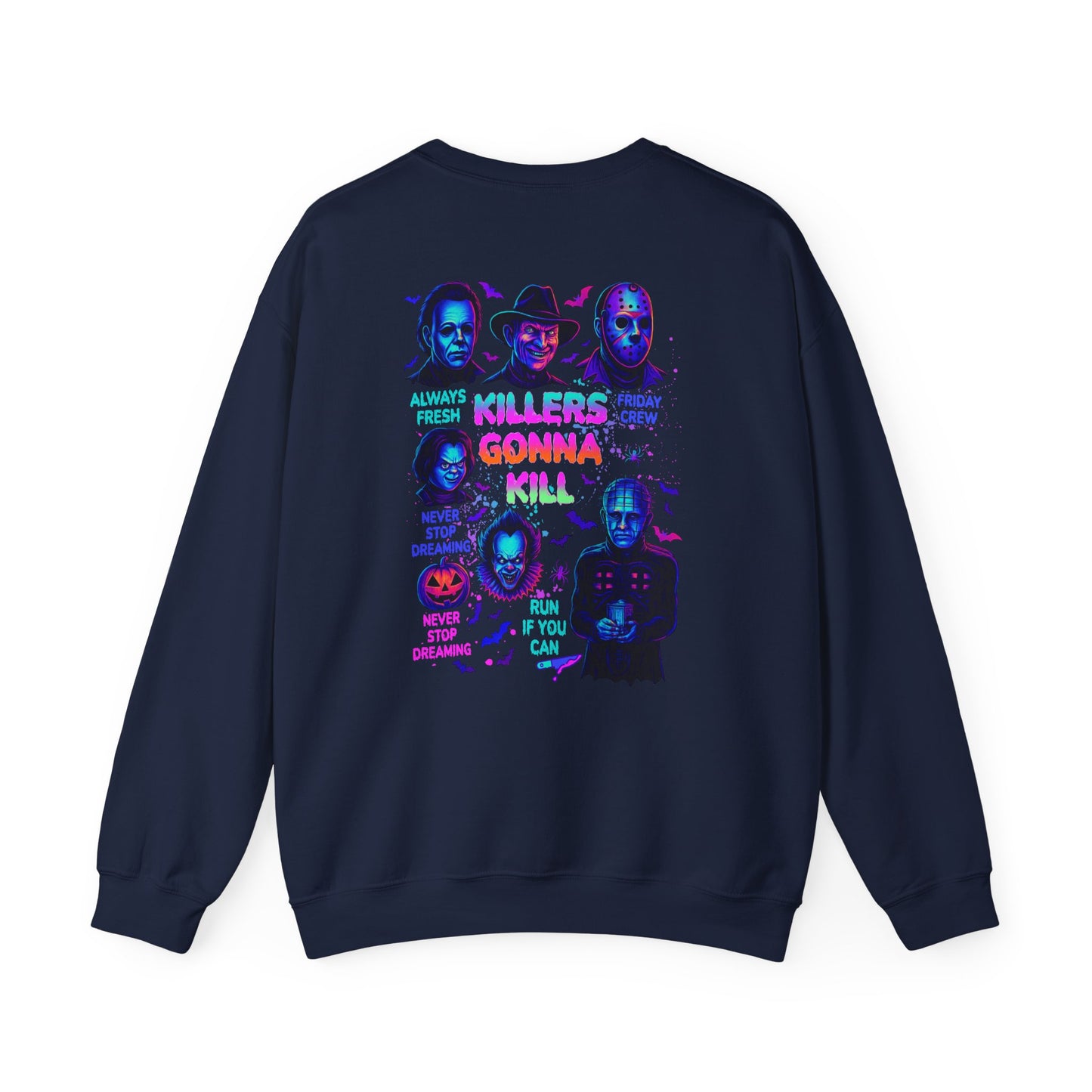 A navy blue crewneck sweatshirt shown from the back, featuring a colorful graphic print of iconic horror movie killers with neon purple, pink, and green text on a white background.