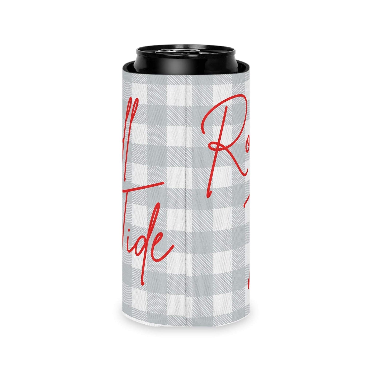 Roll Tide Can Cooler with plaid script design and gray checkered soft-touch foam liner for cans