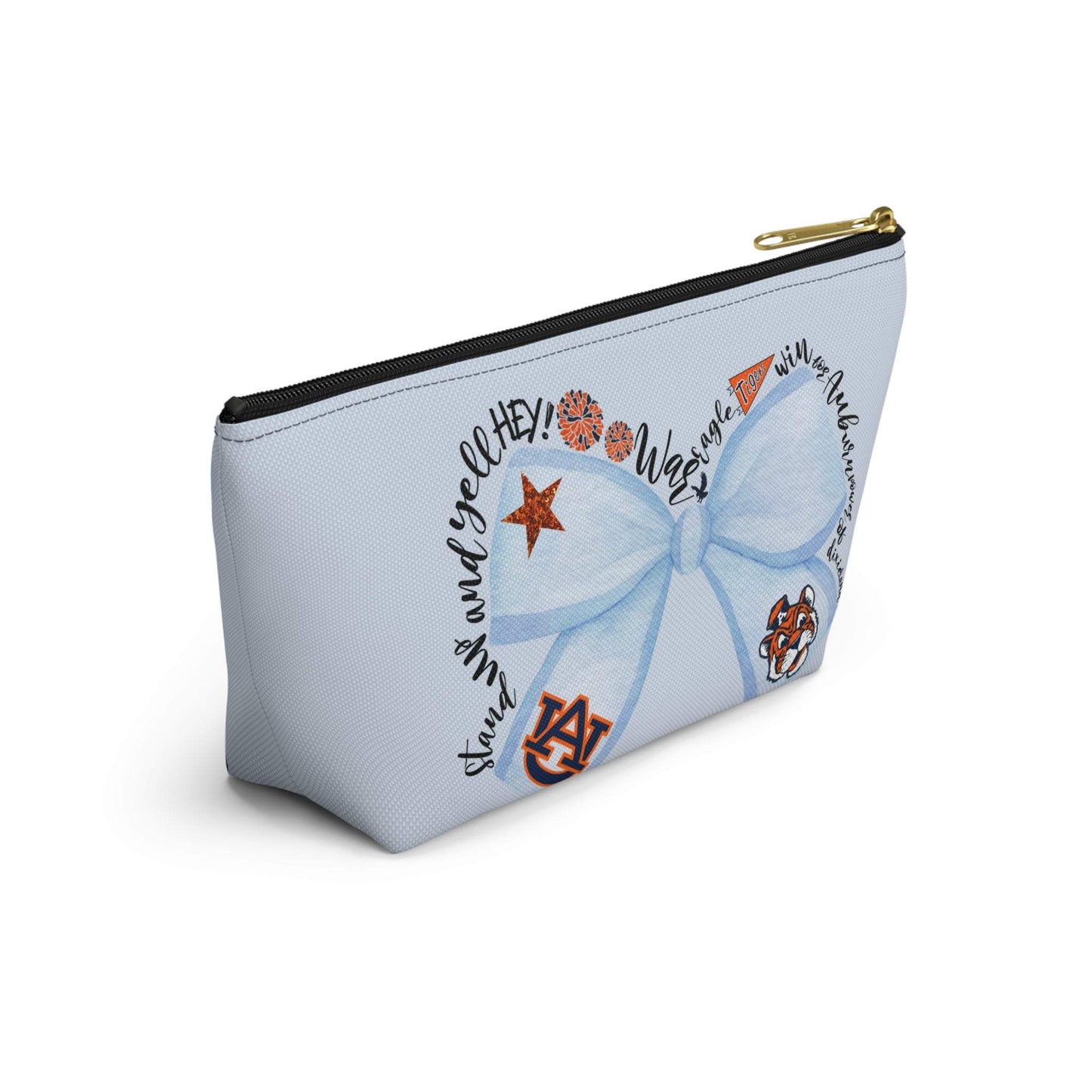 Light-blue Blue Bow Auburn Logo accessory pouch with T-bottom, gold zipper, and collegiate icons design
