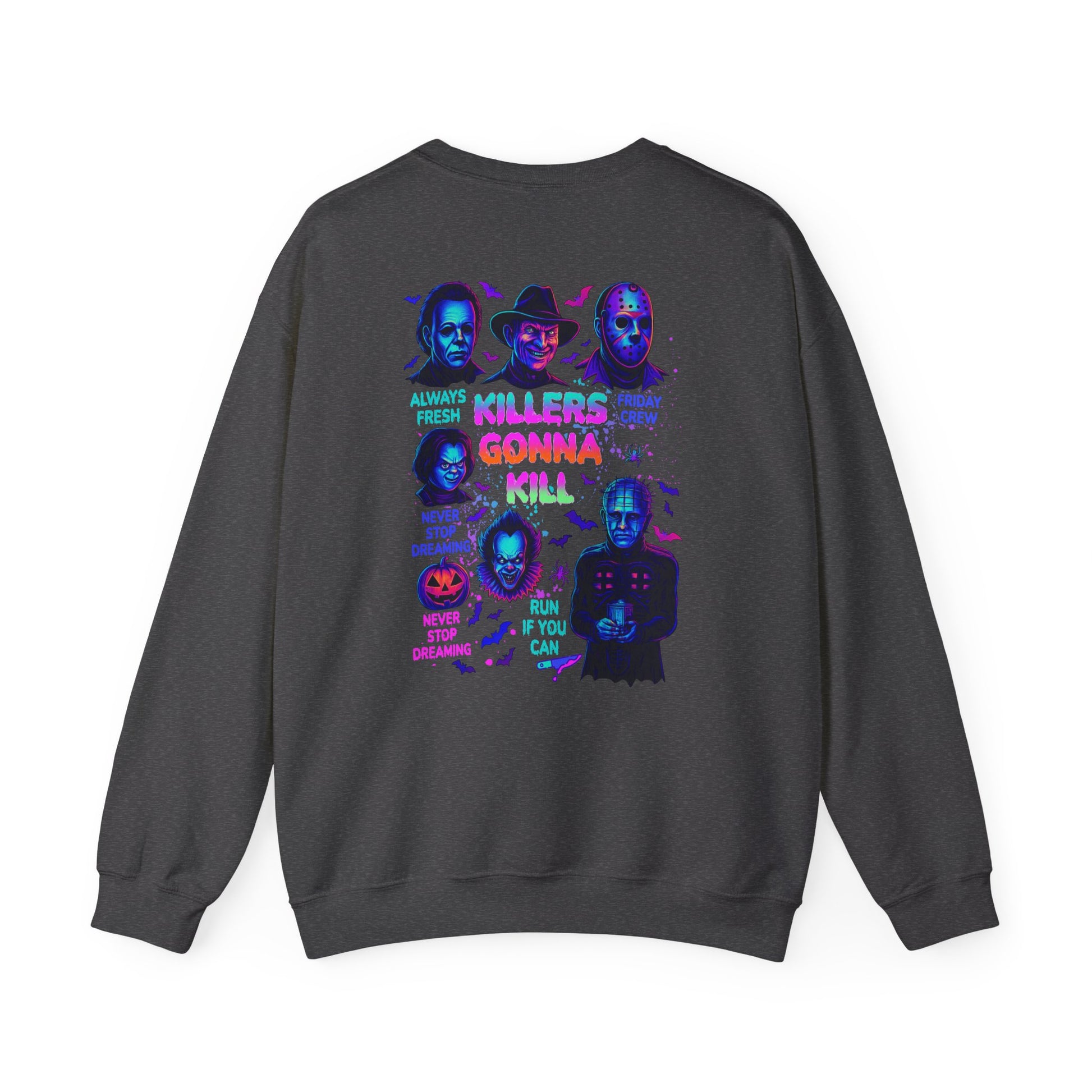 A dark gray crewneck sweatshirt shown from the back, featuring a colorful graphic print of horror movie villains in neon purple, pink, and blue tones with text reading 'KILLERS GONNA KILL'.