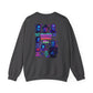 A dark gray crewneck sweatshirt shown from the back, featuring a colorful graphic print of horror movie villains in neon purple, pink, and blue tones with text reading 'KILLERS GONNA KILL'.