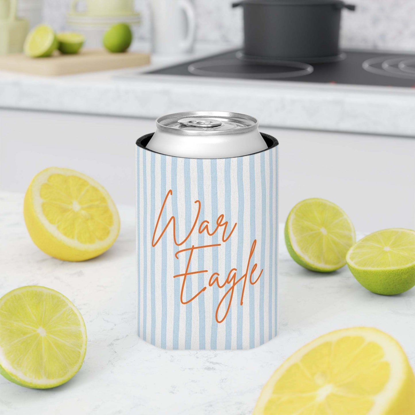 War Eagle Can Cooler with pale blue seersucker stripes and orange script on lightweight foam and polyester exterior