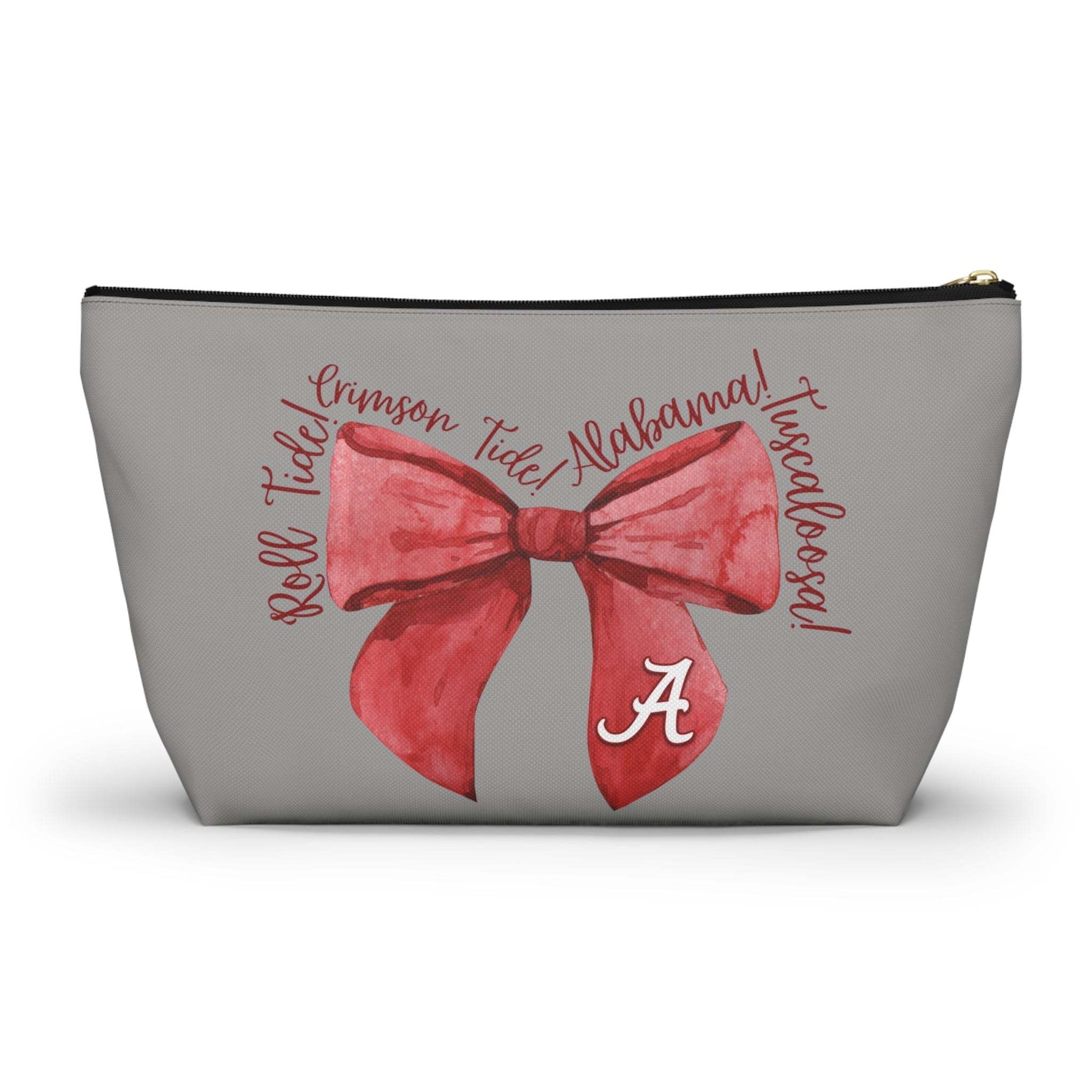 Crimson Bow Alabama script accessory pouch with watercolor bow and gold zipper puller