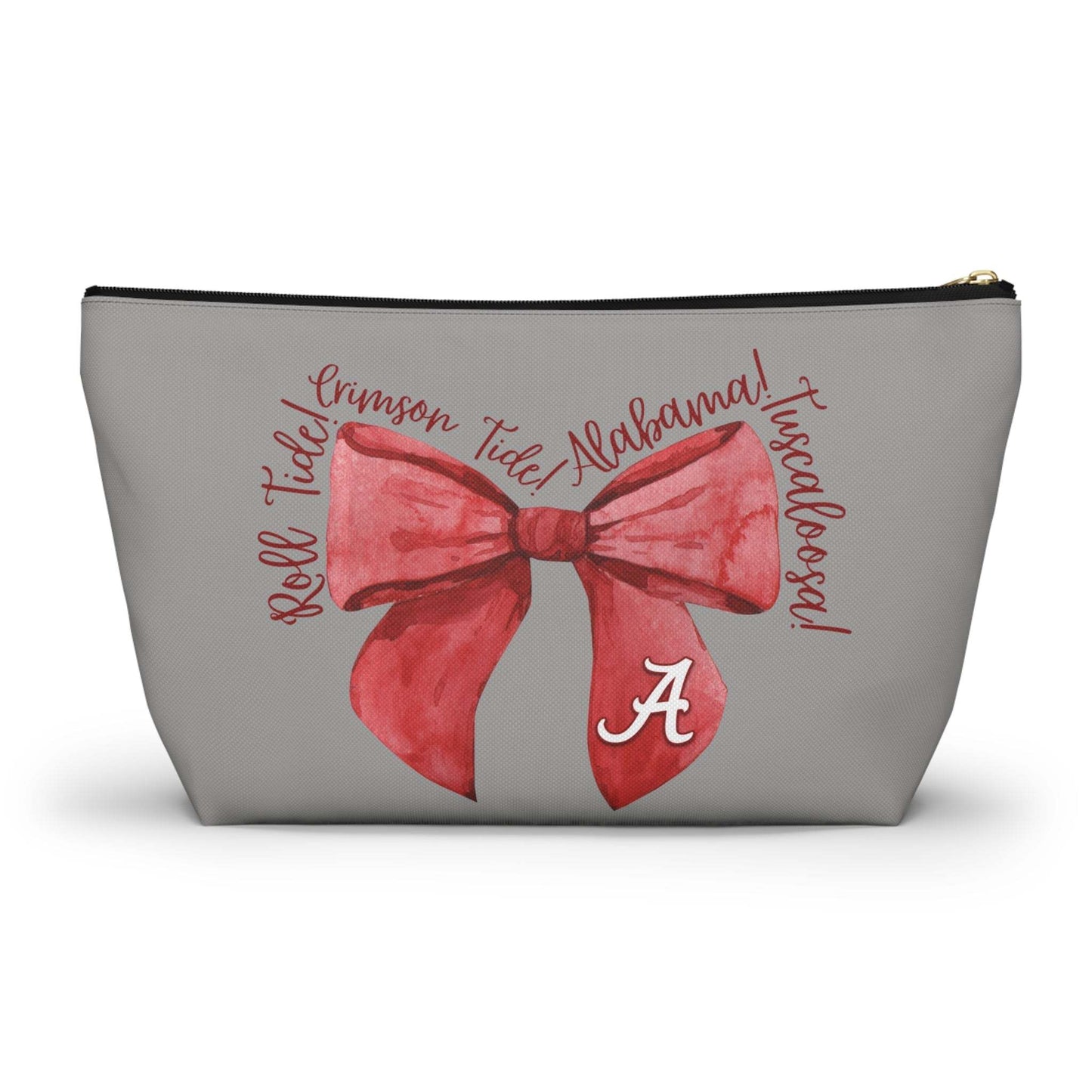 Crimson Bow Alabama script accessory pouch with watercolor bow and gold zipper puller