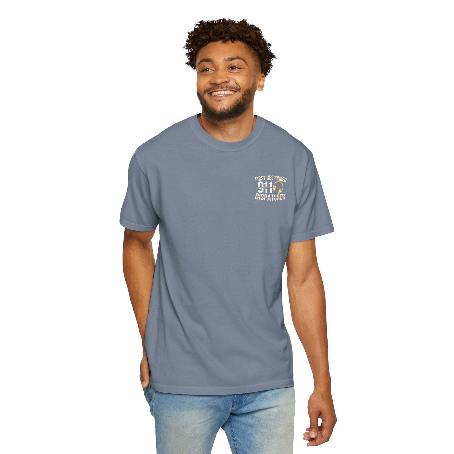 Emergency vehicles t-shirt with headset sketch and ambulance design on garment-dyed cotton