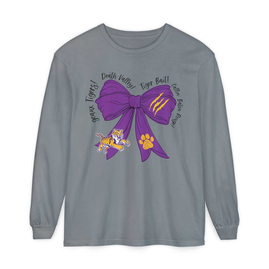 Purple and Gold Tiger Bow Long-Sleeve Game Day Shirt