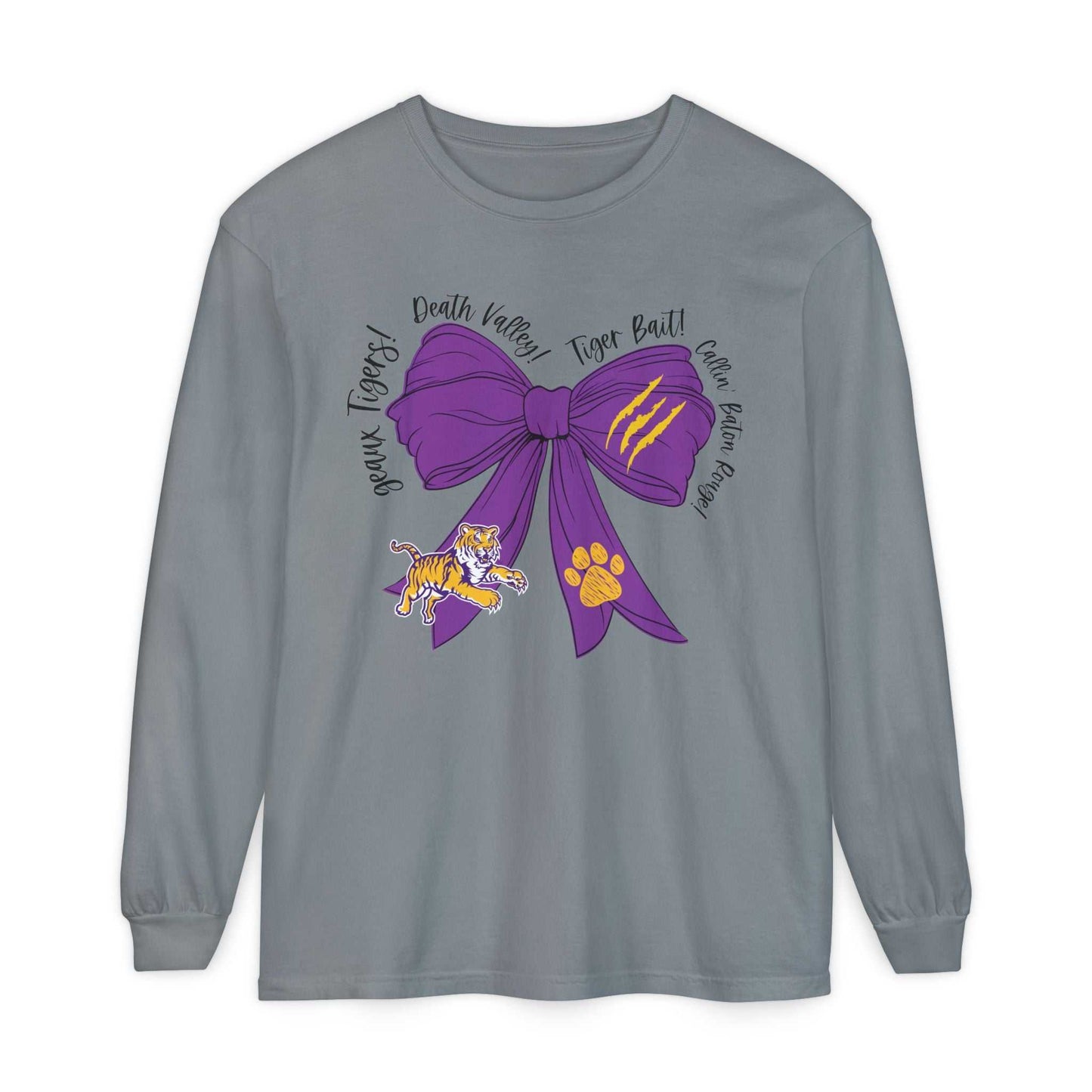 Purple and Gold Tiger Bow Long-Sleeve Game Day Shirt
