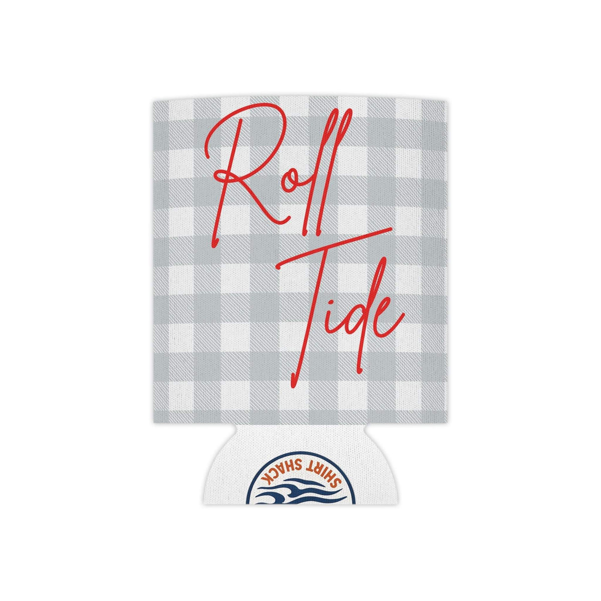 Gray plaid Roll Tide can cooler with red script and foam liner for grip
