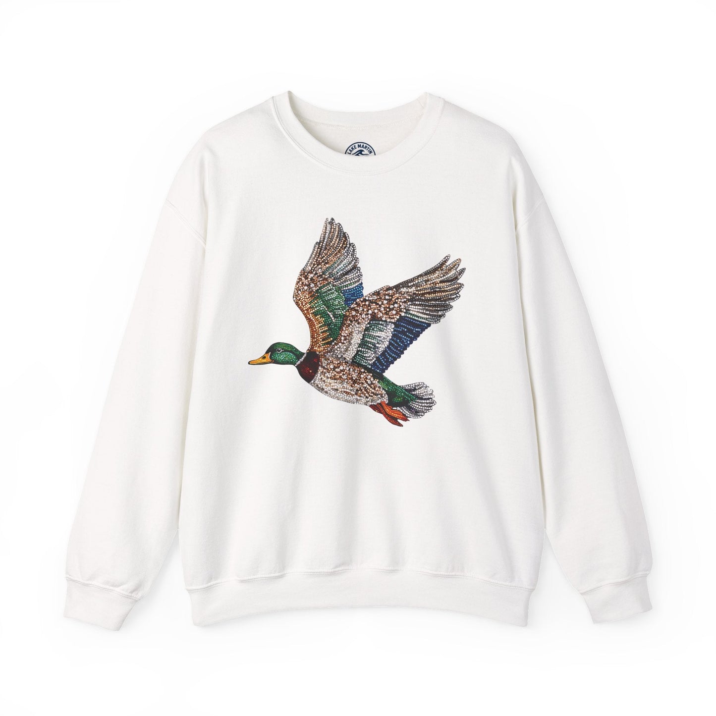 Flying mallard duck faux rhinestone design on unisex crewneck sweatshirt