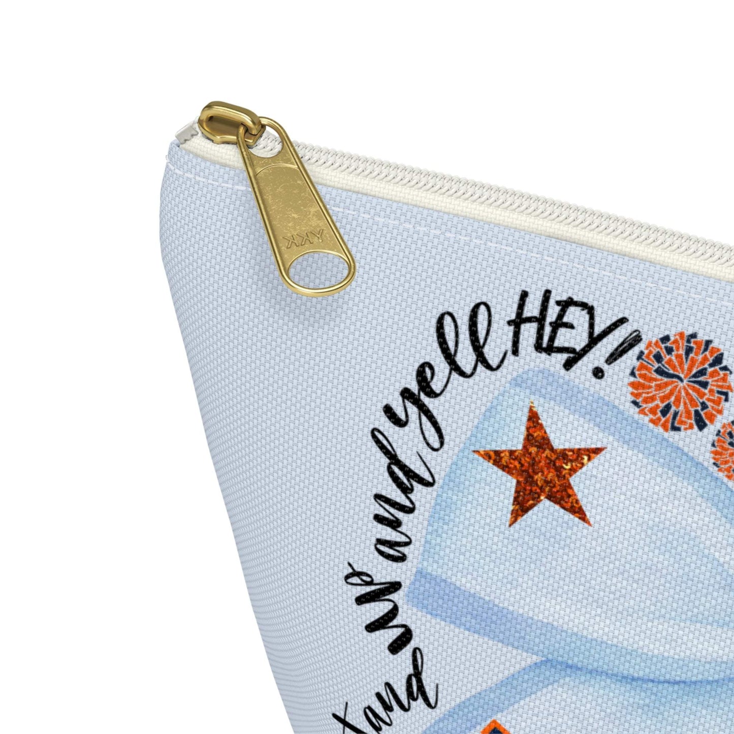 Light blue Blue Bow Auburn Logo accessory pouch with T-bottom and gold zipper pull