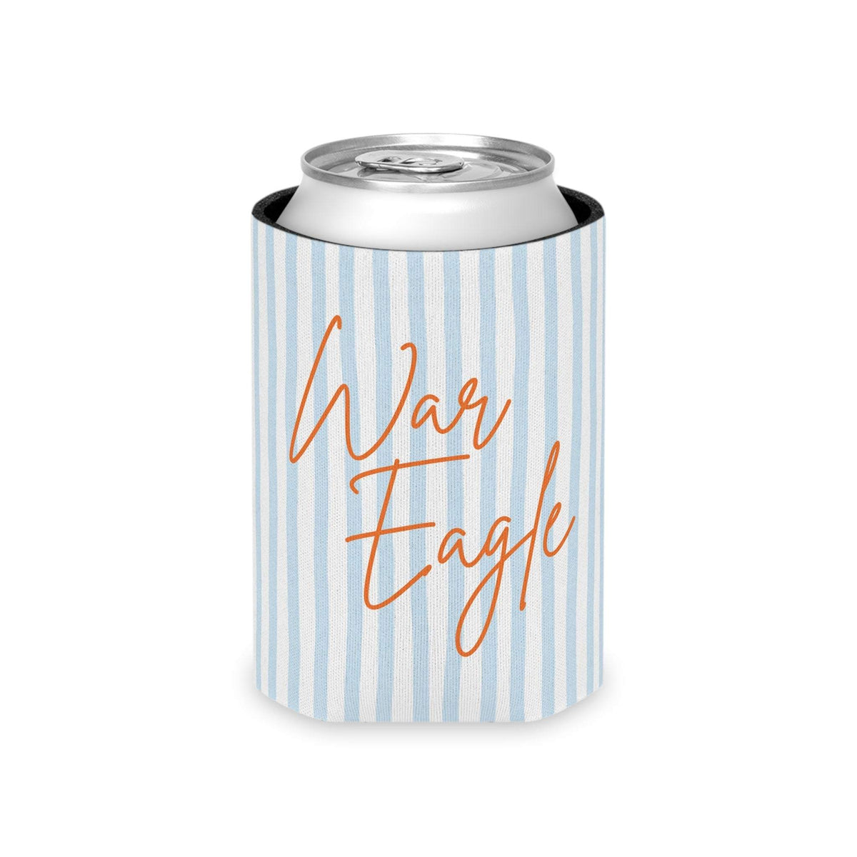 Lightweight War Eagle Can Cooler with pale blue seersucker stripes and orange script, soft foam grip, durable polyester exterior, fits slim and regular cans