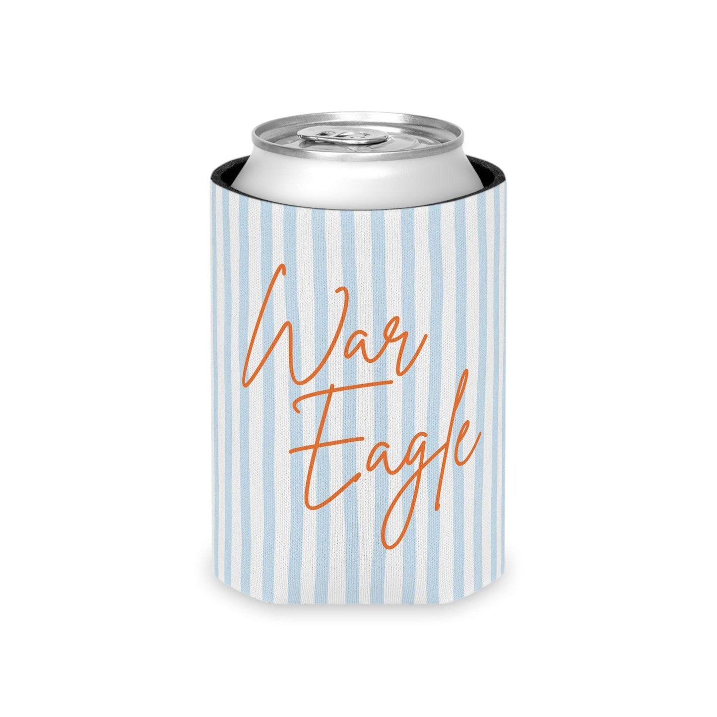 Lightweight War Eagle Can Cooler with pale blue seersucker stripes and orange script, soft foam grip, durable polyester exterior, fits slim and regular cans