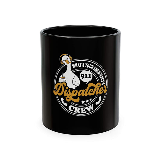 Black ceramic 911 Dispatcher Crew mug with gold and white retro badge design and ergonomic C-handle
