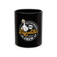 Black ceramic 911 Dispatcher Crew mug with gold and white retro badge design and ergonomic C-handle