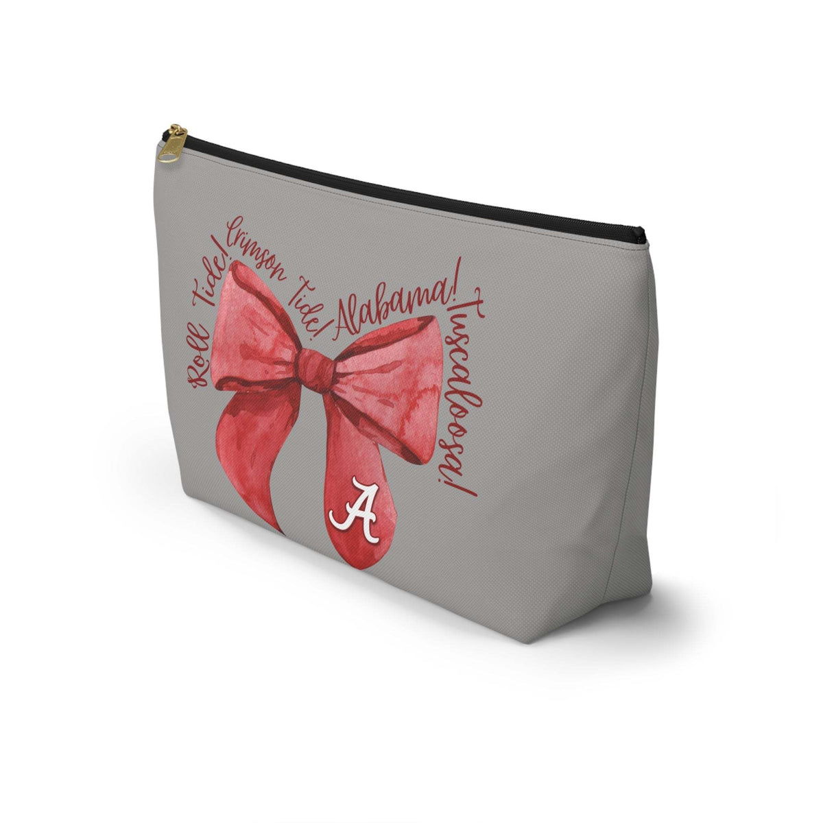 Crimson Bow Alabama script accessory pouch with vibrant red bow and gold zipper puller on muted background
