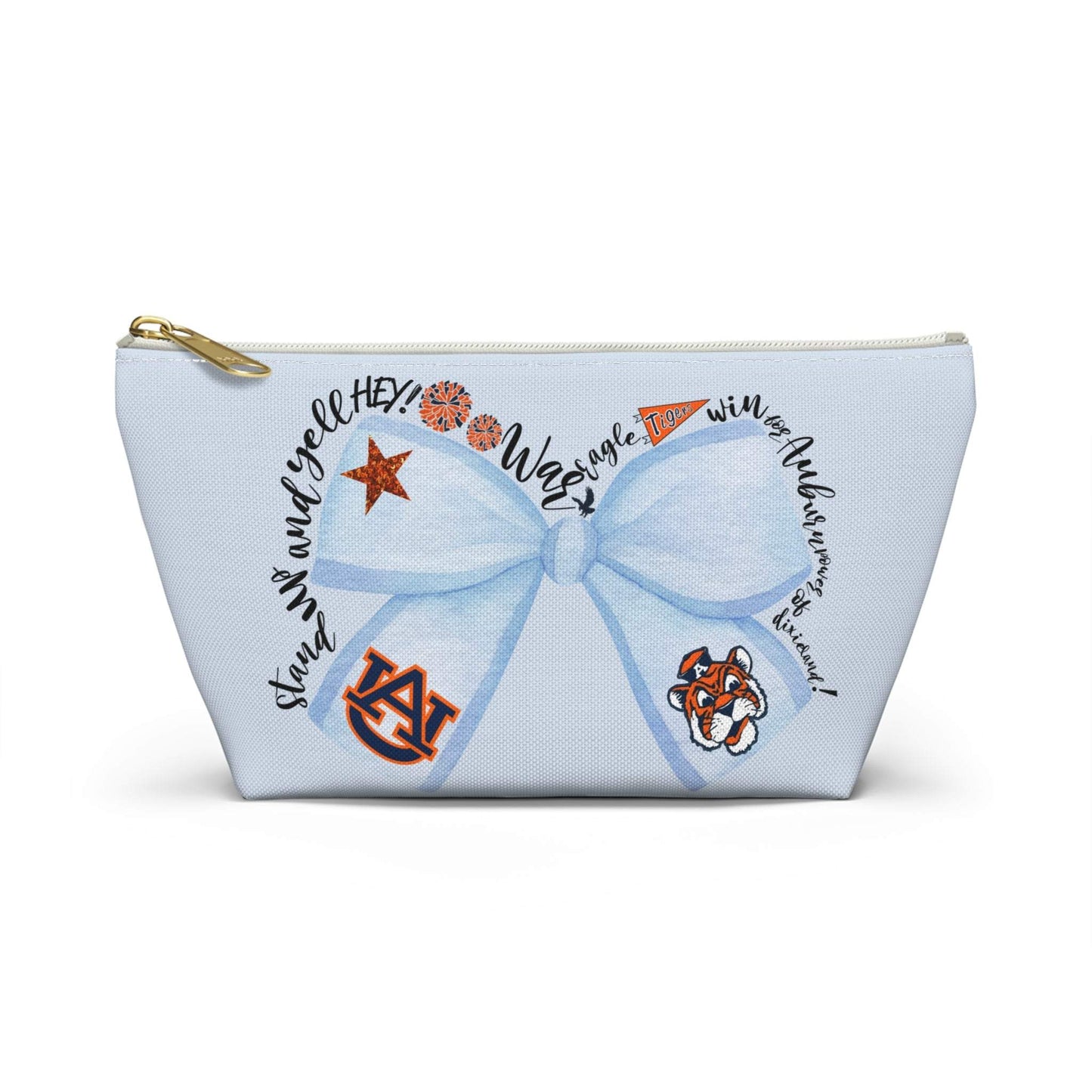 Light-blue accessory pouch with blue bow Auburn logo and collegiate icons on front, gold zipper pull, T-bottom cosmetic bag design