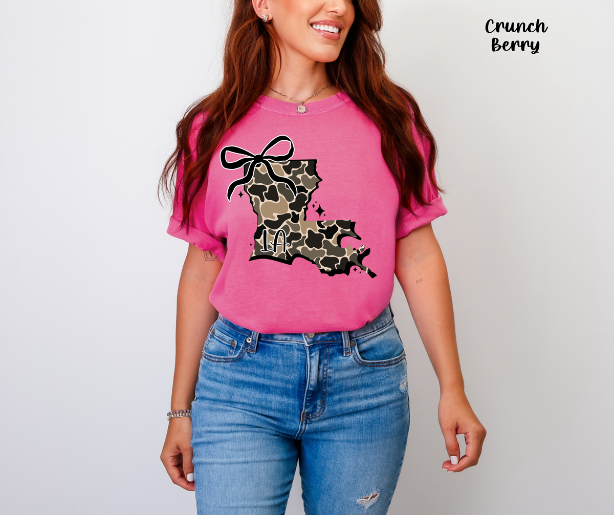 Louisiana camo bow graphic printed on a Comfort Colors T-shirt