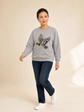 Flying mallard duck faux rhinestone design on colorful sweatshirt with relaxed fit and crewneck collar