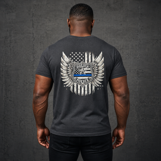 Thin Blue Line Police Shield T-Shirt | American Flag Wings
