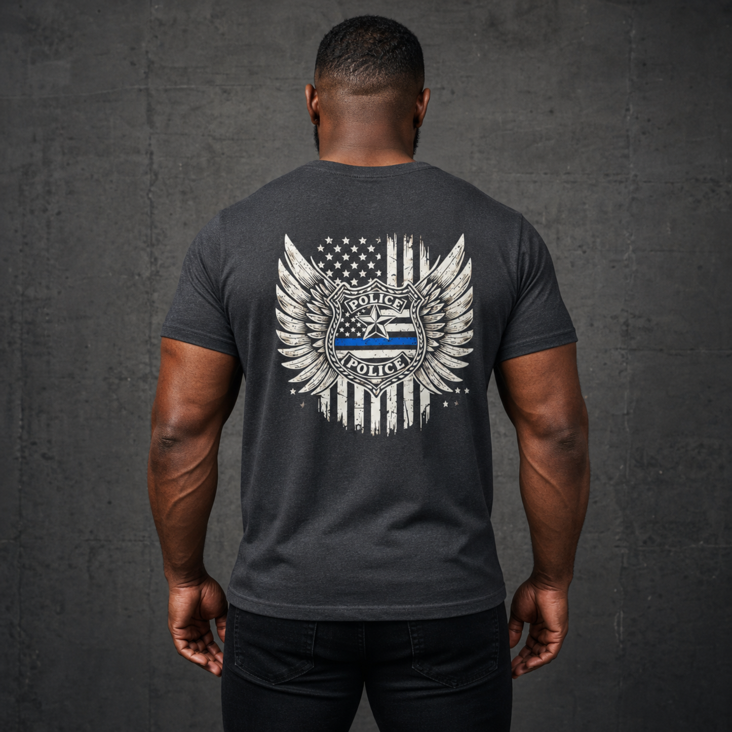 Thin Blue Line Police Shield T-Shirt | American Flag Wings