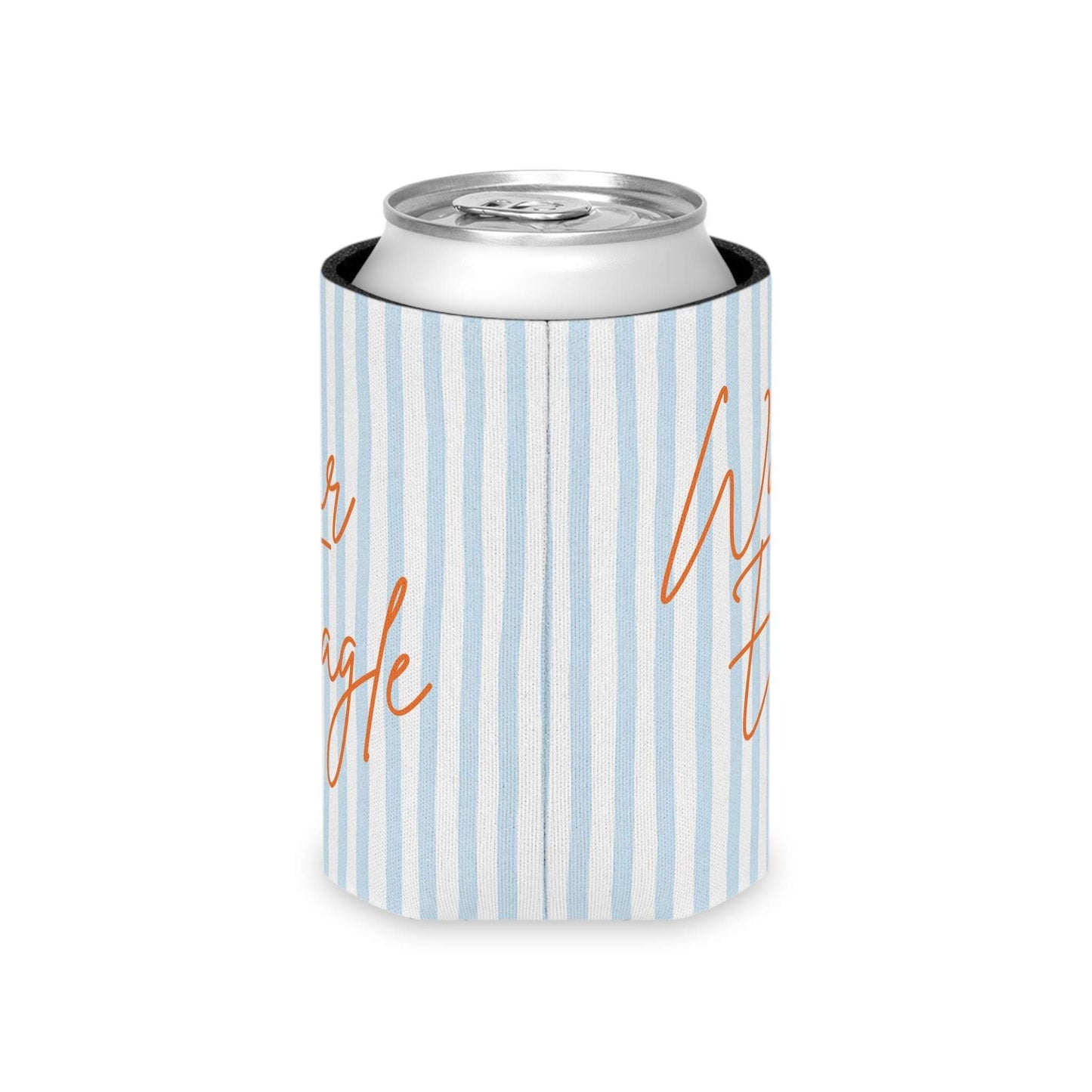 War Eagle Can Cooler with pale blue seersucker stripes and warm orange script on lightweight polyester foam sleeve
