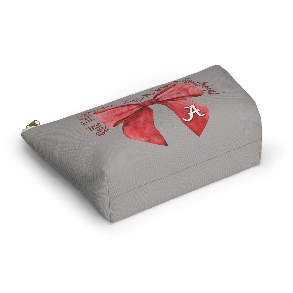 Crimson Bow Alabama script accessory pouch with vibrant red bow and gold zipper puller