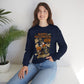 Woman wearing a navy blue sweatshirt with a floral design sitting on a white surface.