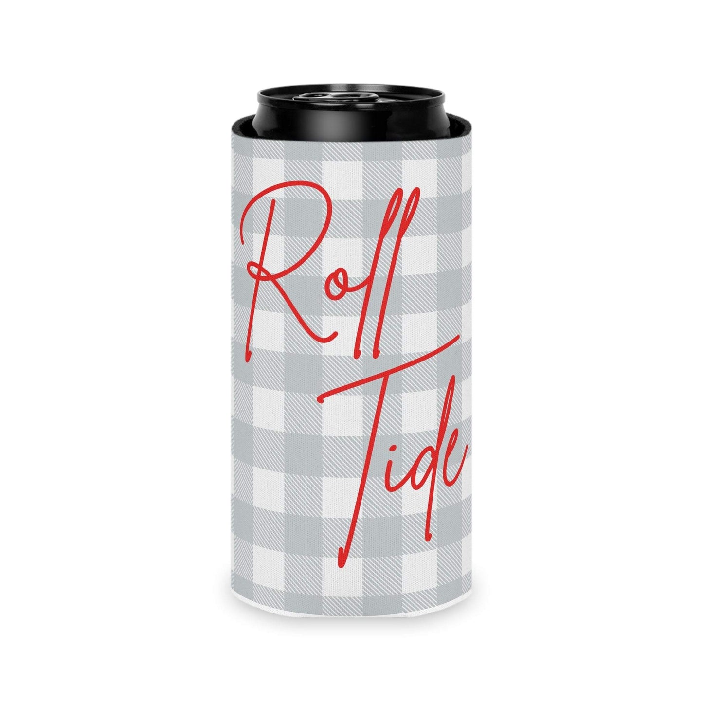 Gray plaid Roll Tide can cooler with red script and foam liner