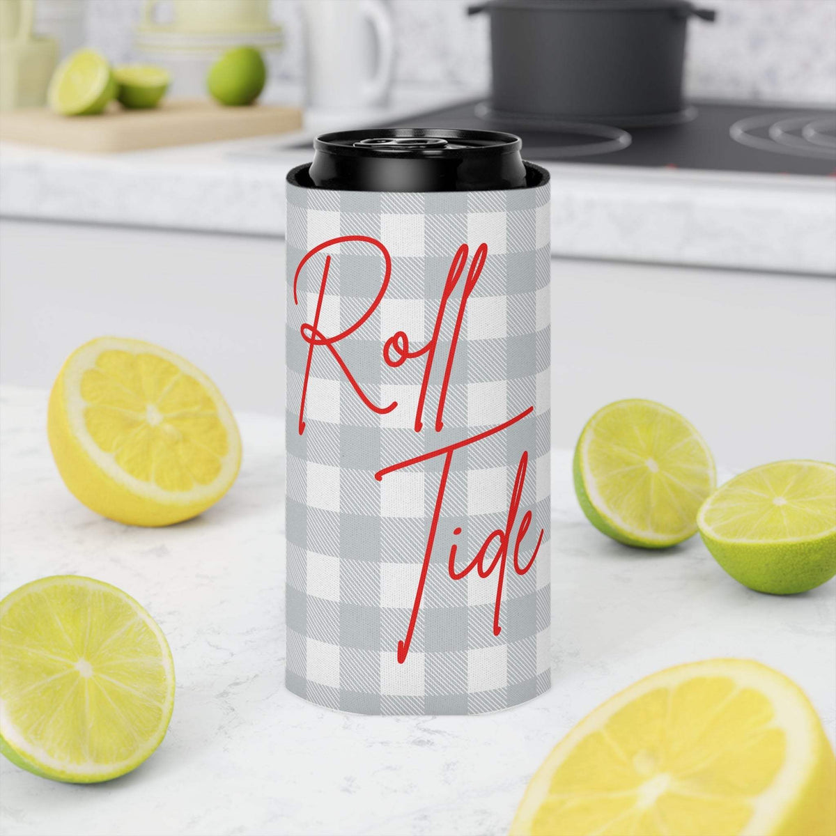 Roll Tide Can Cooler with gray plaid design and red script logo on foam koozie