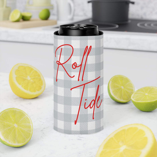 Roll Tide Can Cooler with gray plaid design and red script logo on foam koozie