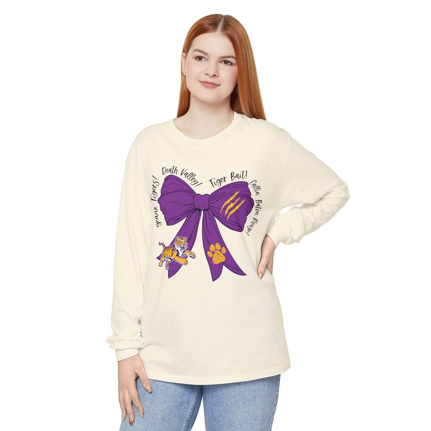Purple and Gold Tiger Bow Long-Sleeve Game Day Shirt
