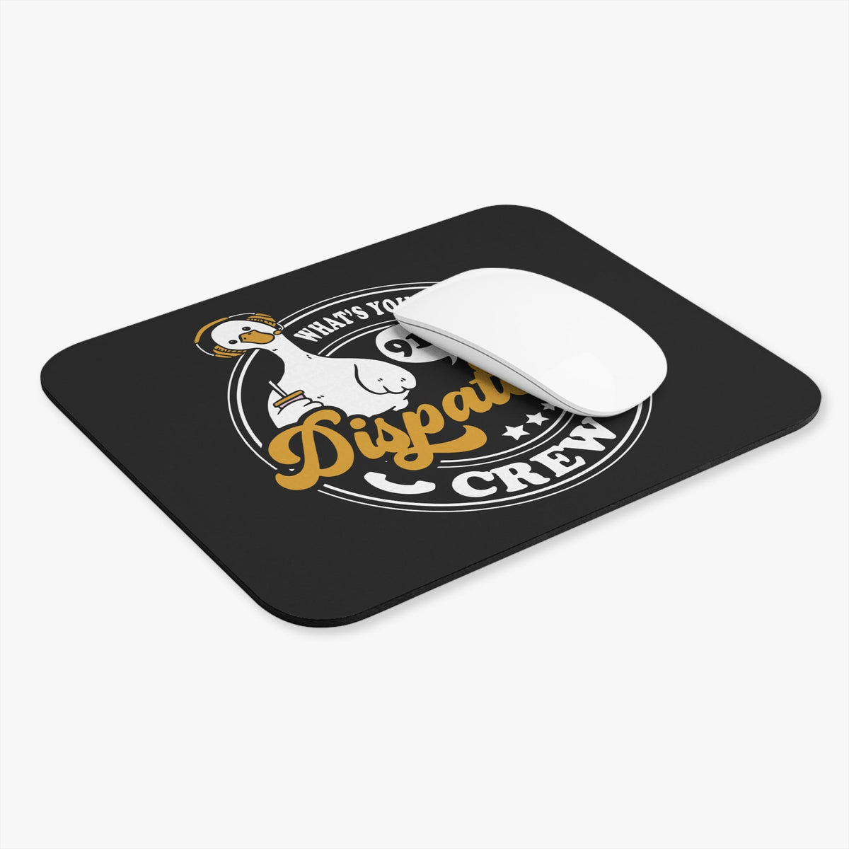 911 Dispatcher Crew mouse pad with playful goose in headset and vibrant print on black background