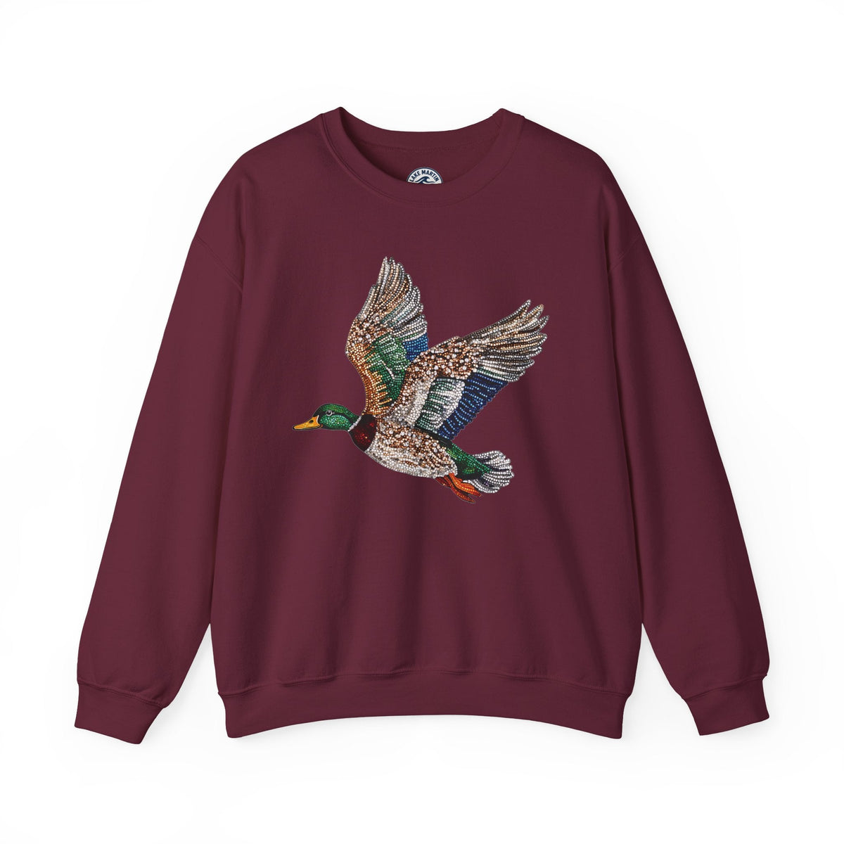 Flying mallard duck sweatshirt with colorful faux rhinestone wildlife design on cozy crewneck