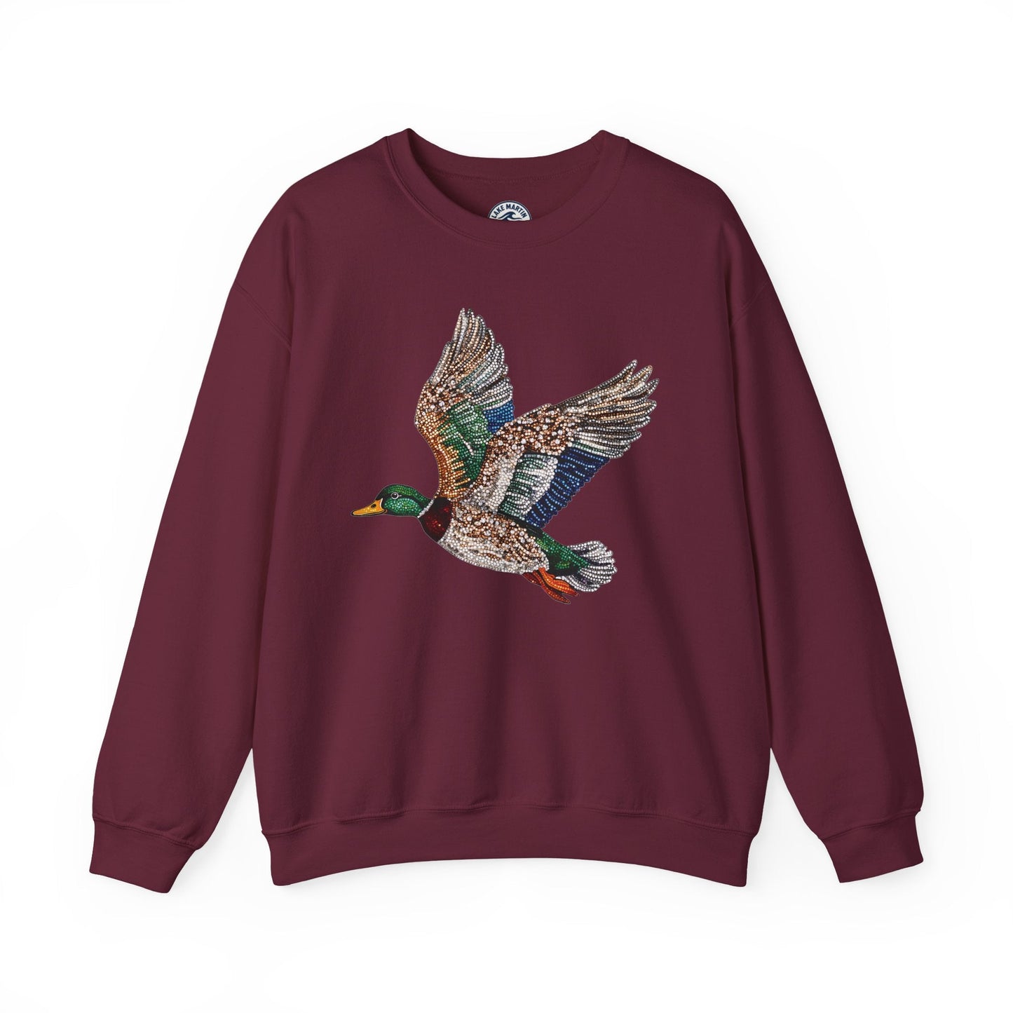 Flying mallard duck sweatshirt with colorful faux rhinestone wildlife design on cozy crewneck