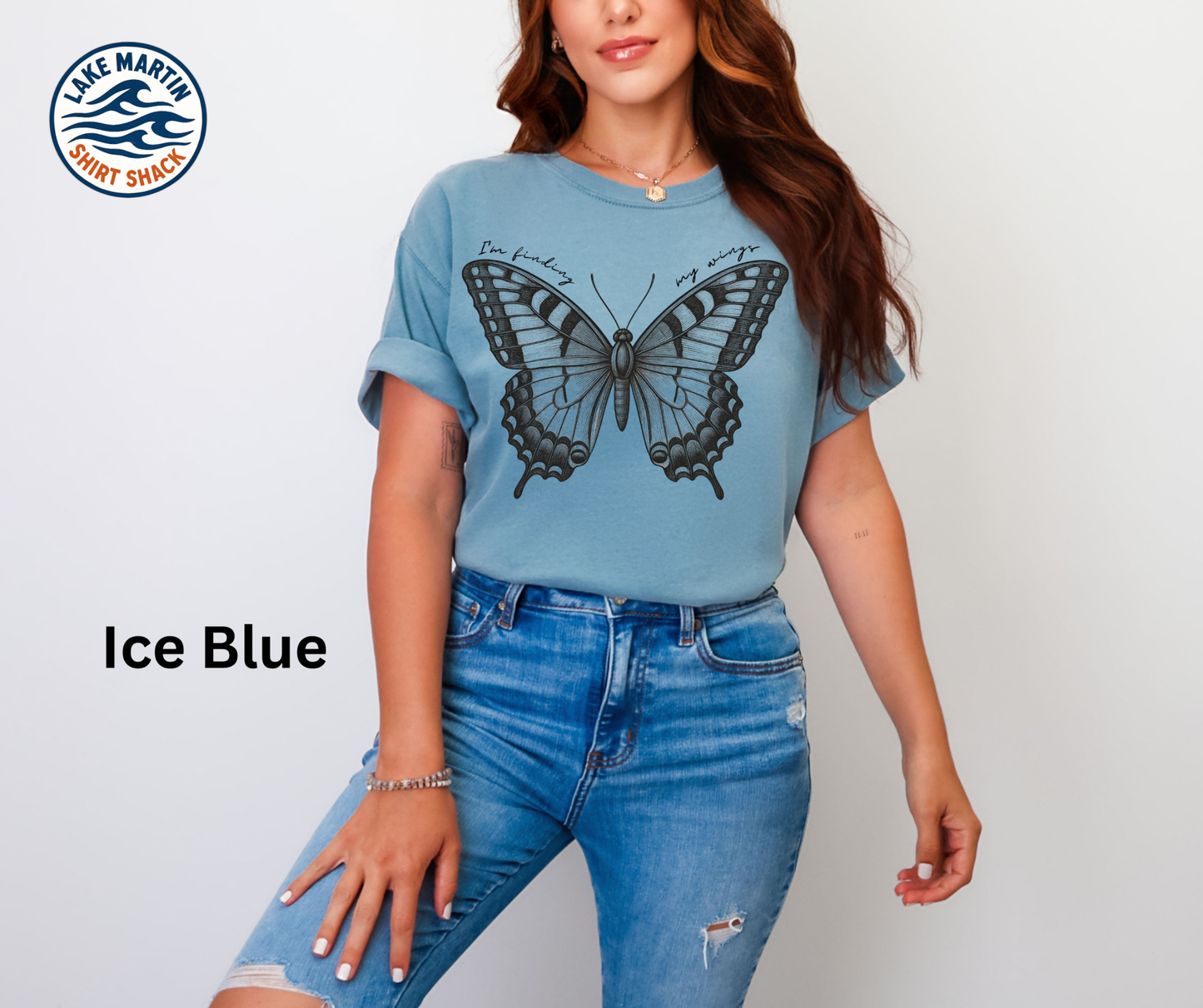 Finding My Wings butterfly graphic on a ice blue Comfort Colors T-shirt
