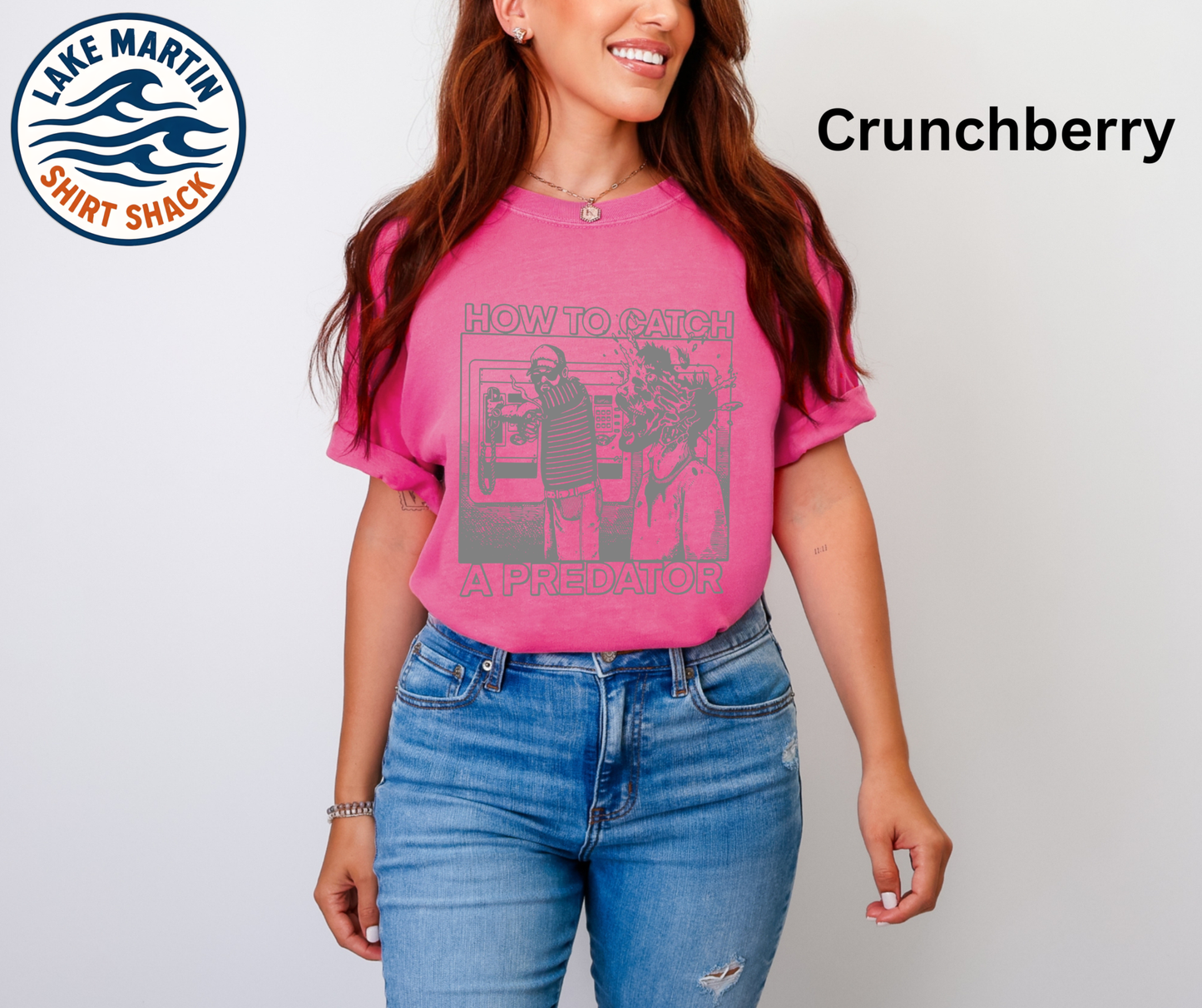 How to Catch a Predator dark-humor comic graphic on a Crunchberry Comfort Colors T-shirt
