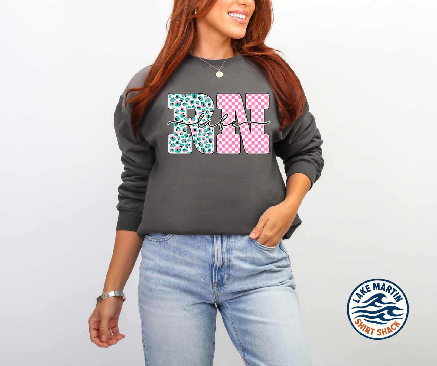 Leopard and pink checkered medical title crewneck sweatshirt