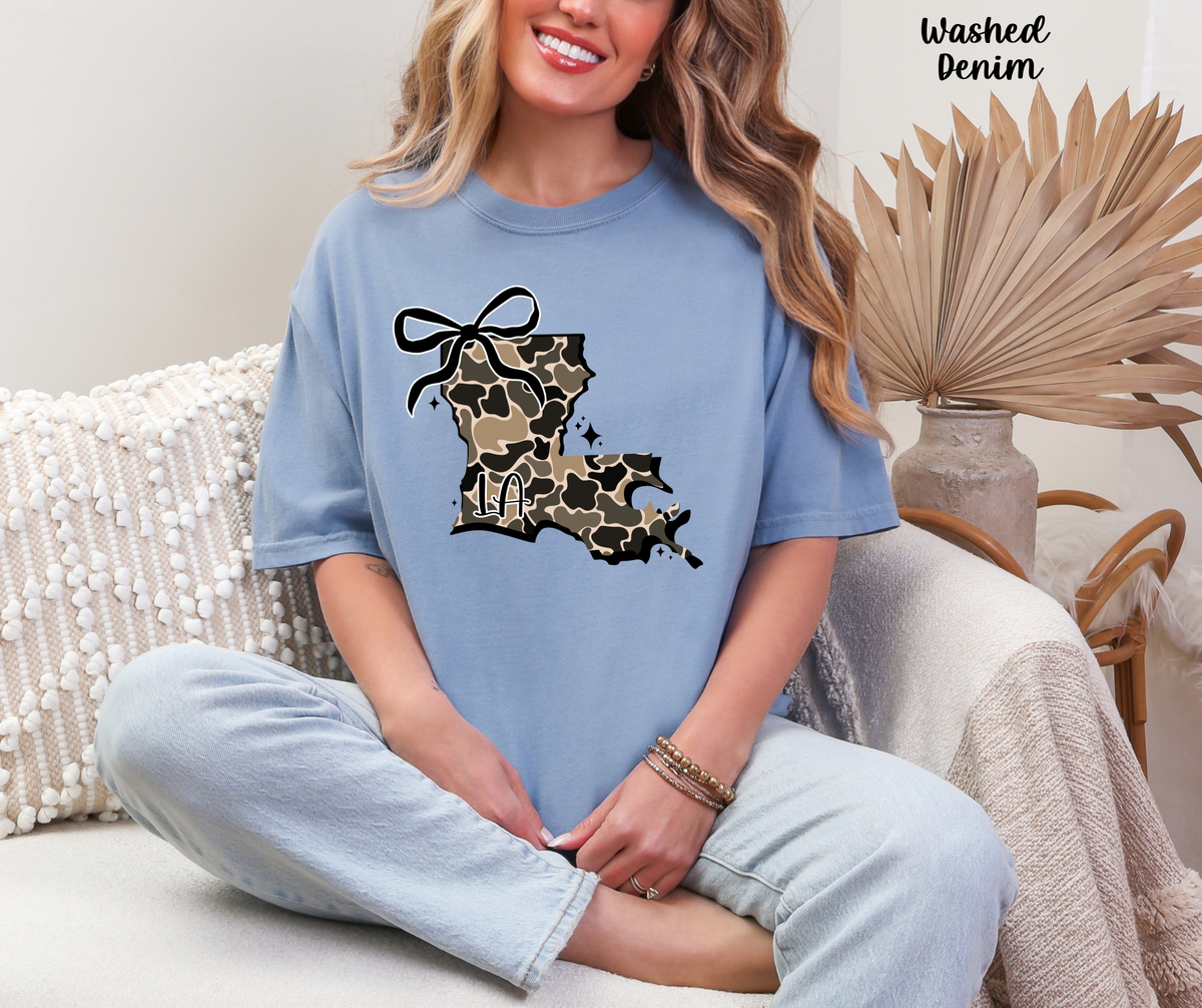 Louisiana camo bow graphic printed on a Comfort Colors T-shirt
