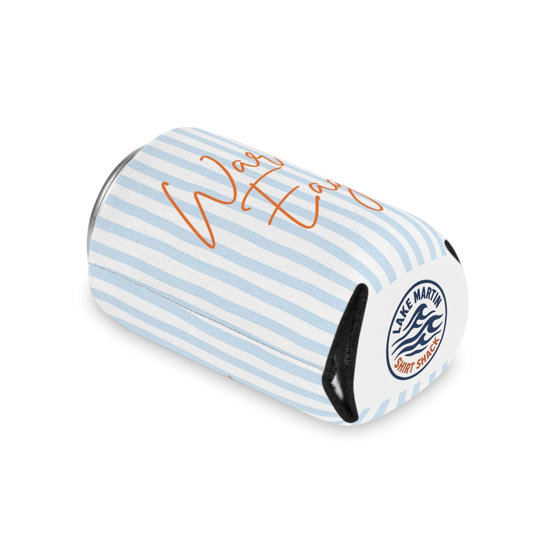 War Eagle Can Cooler with pale blue seersucker stripes and orange script on lightweight foam and polyester exterior