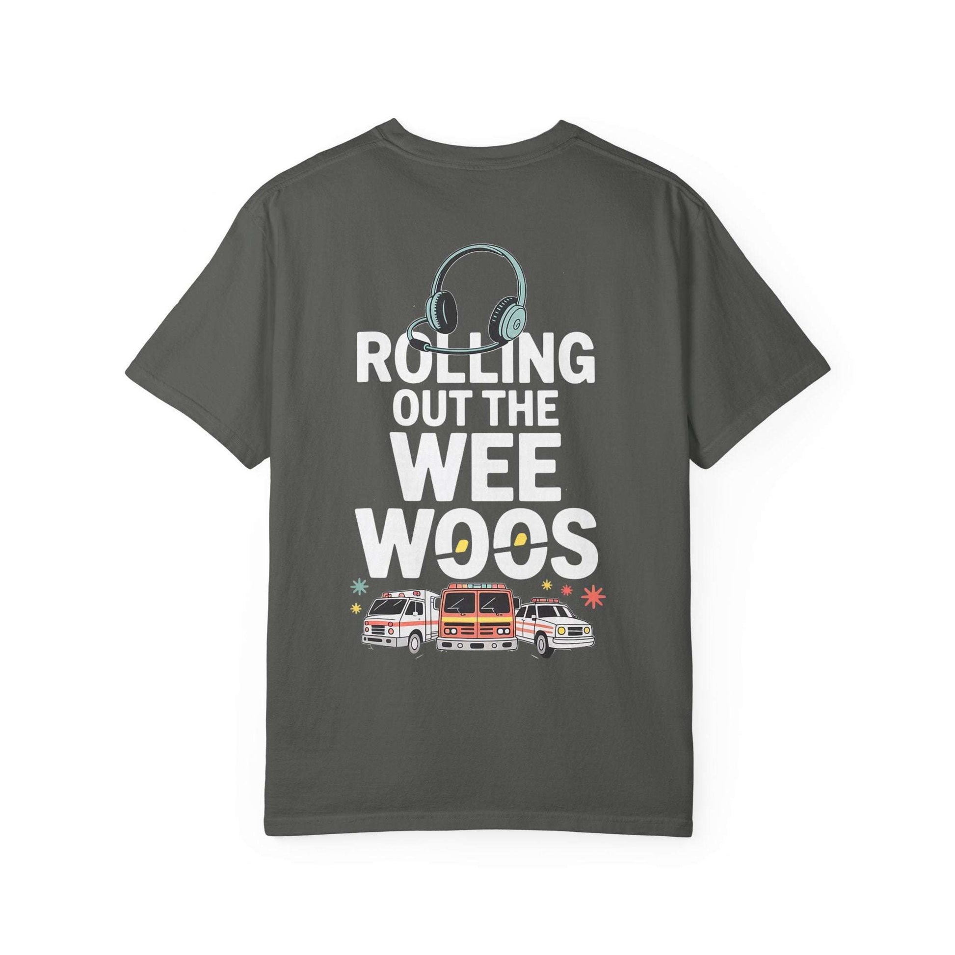 Emergency Vehicles T-Shirt with headset sketch and ambulances design on soft garment-dyed cotton