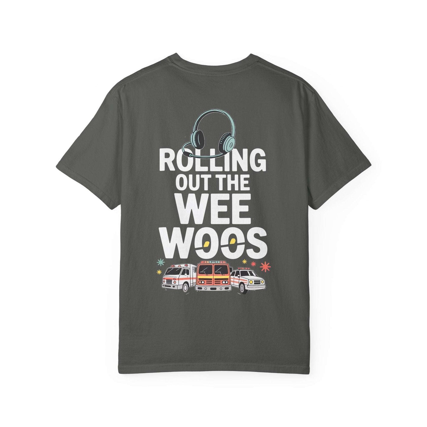 Emergency Vehicles T-Shirt with headset sketch and ambulances design on soft garment-dyed cotton