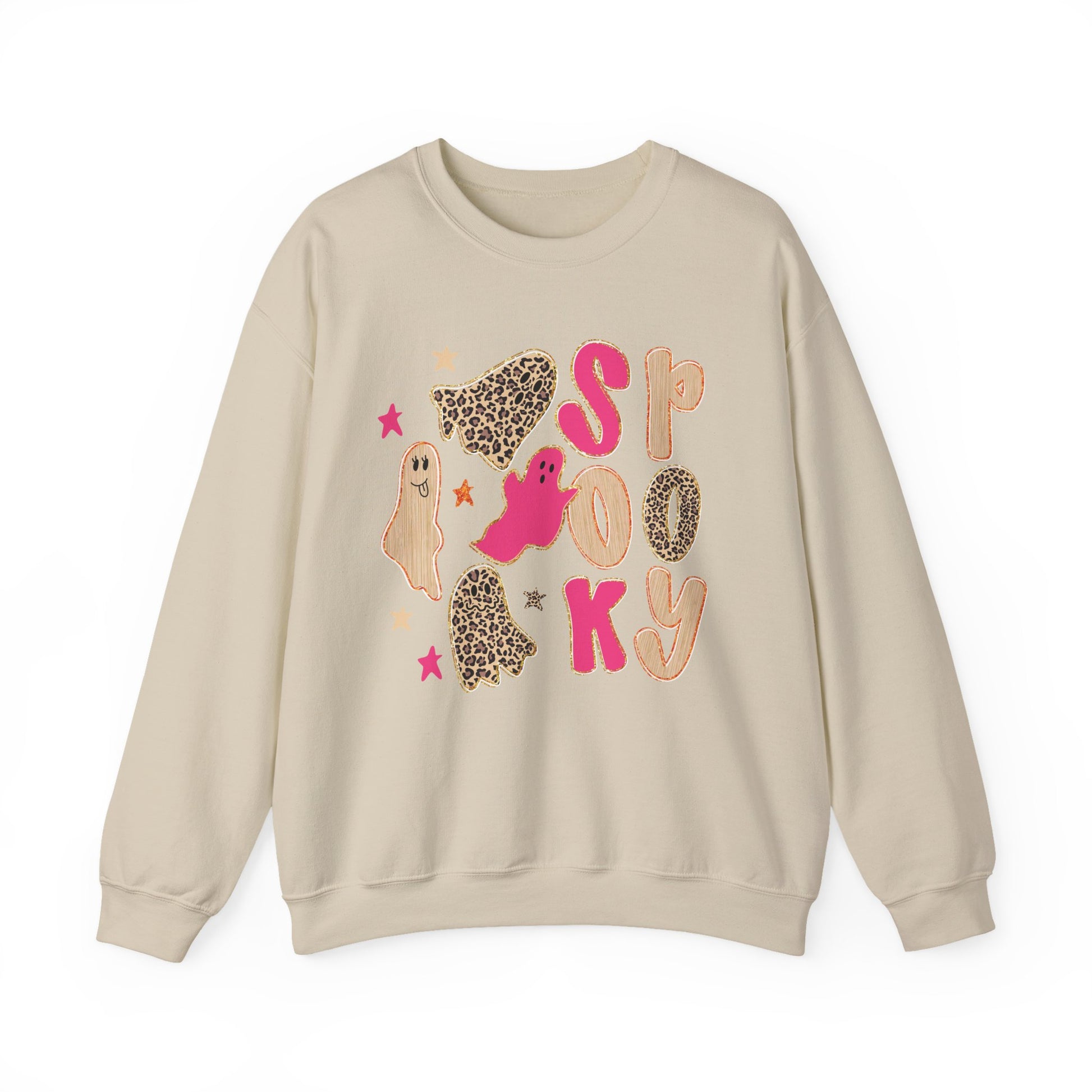 A beige crewneck sweatshirt featuring a colorful 'Spooky' graphic print with pink letters, leopard print cookies, a pink ghost, and a white ghost on a plain white background.