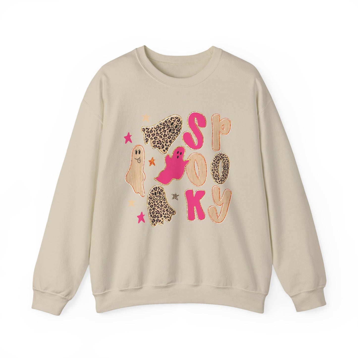 A beige crewneck sweatshirt featuring a colorful 'Spooky' graphic print with pink letters, leopard print cookies, a pink ghost, and a white ghost on a plain white background.