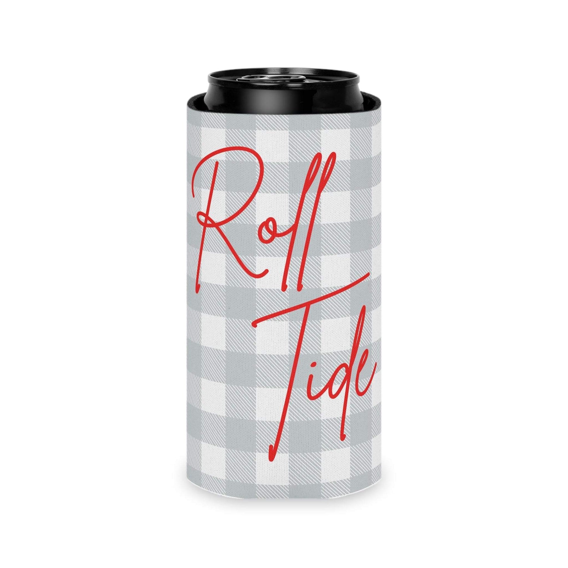 Gray plaid Roll Tide can cooler with red script and foam liner