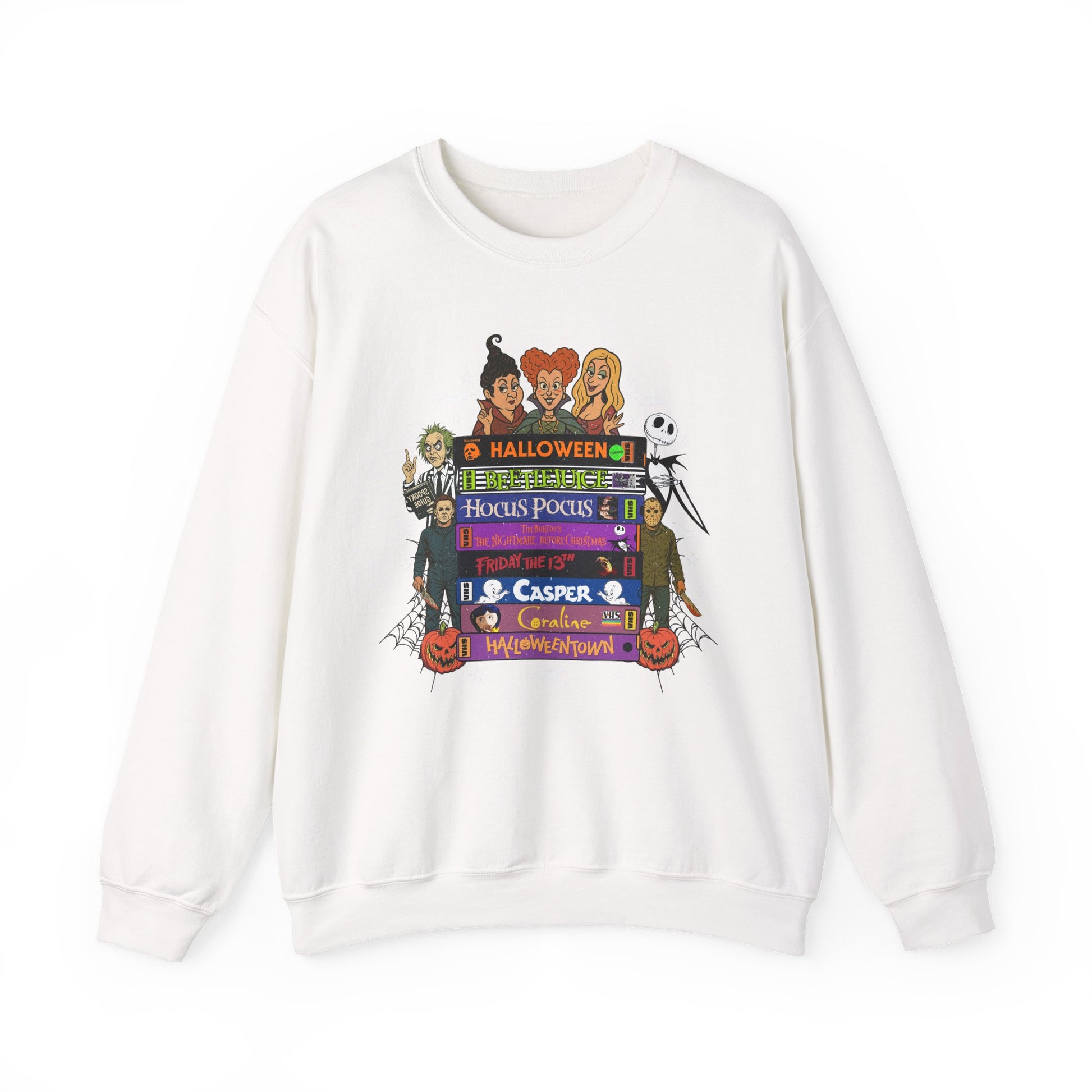 An off-white crewneck sweatshirt featuring a colorful graphic VHS tapes print on the front with cartoon characters and Halloween-themed text including 'Halloween House of Horror' and 'Casper'.
