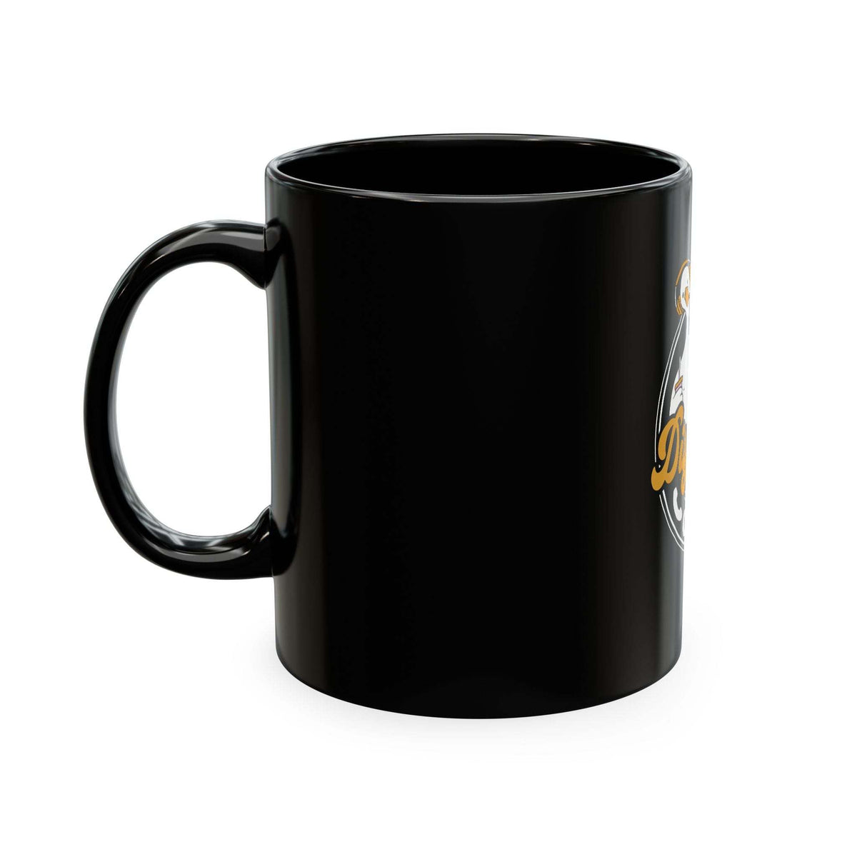 911 Dispatcher Crew Mug with retro badge design, black ceramic, gold and white lettering, microwave and dishwasher safe
